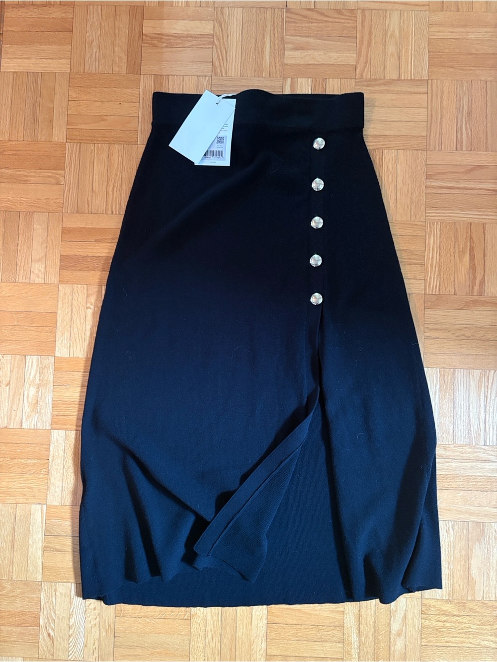 Sezane Black Knit Skirt with Gold Buttons